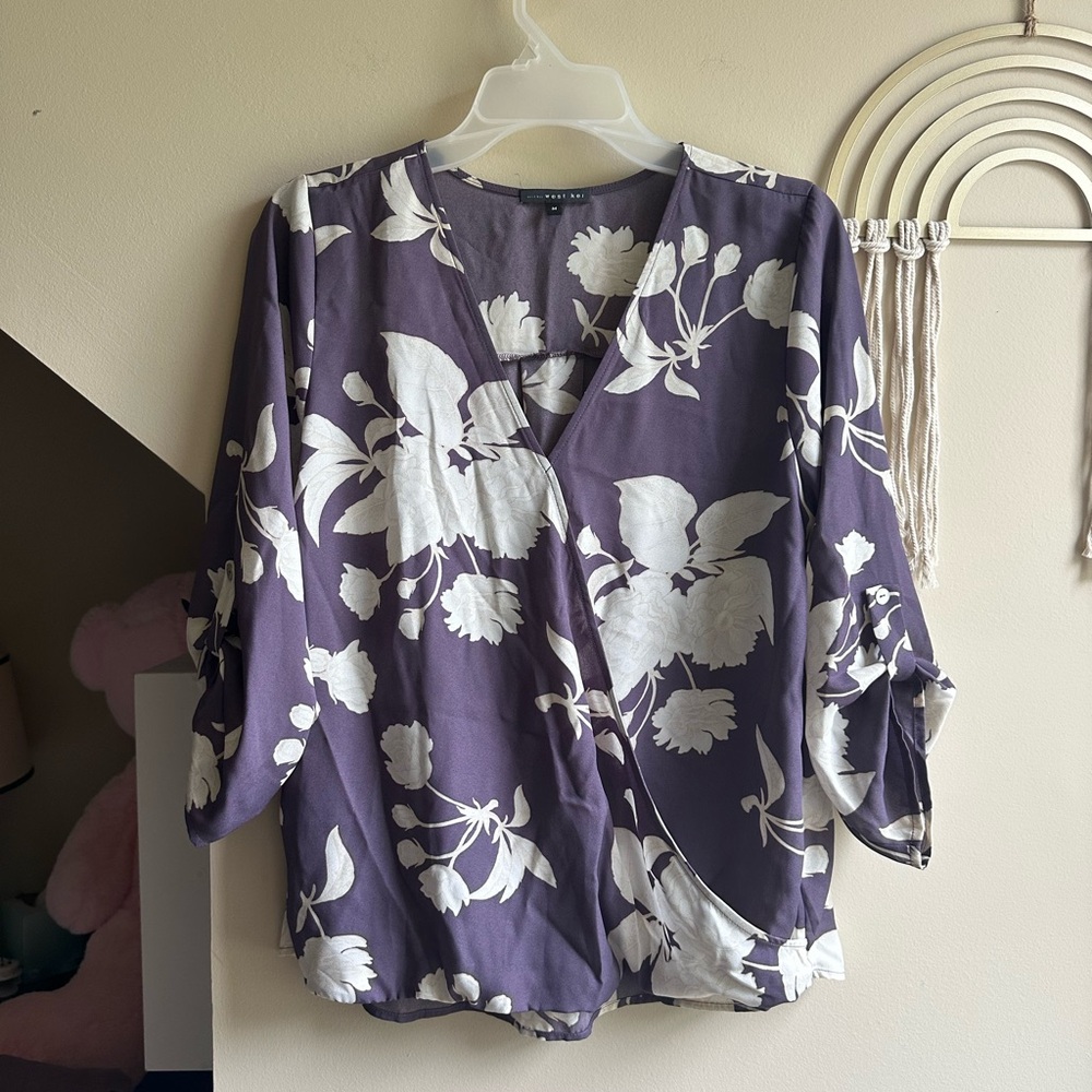 West Kei Purple and White Wrap Blouse 3/4 Sleeve